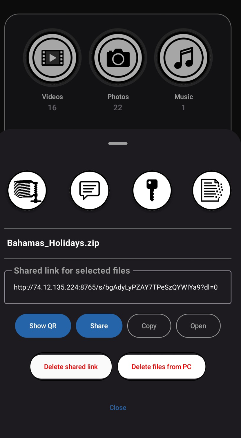 File sharing controls with QR, password, link options, and delete actions
