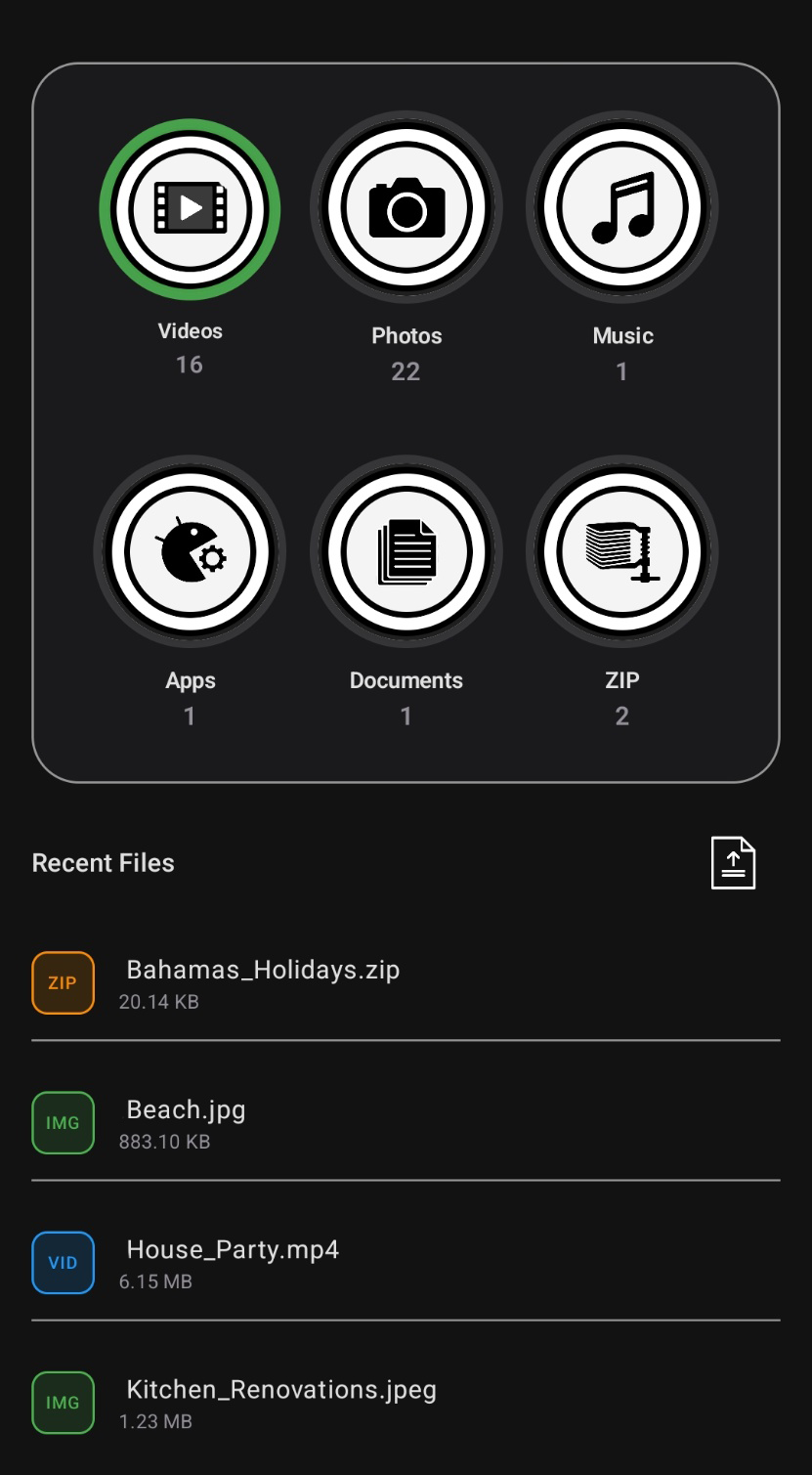 Browse recent files and file categories