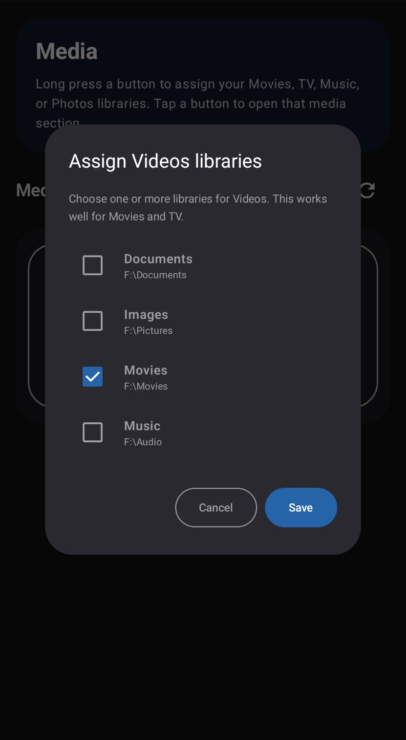 Assign active libraries to Videos, Photos, or Music from the Media section