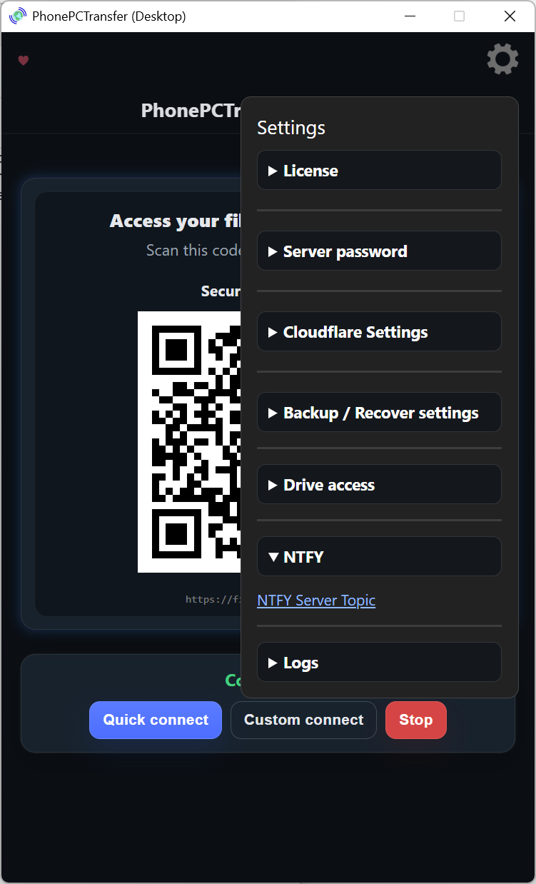 NTFY topic section in desktop server settings