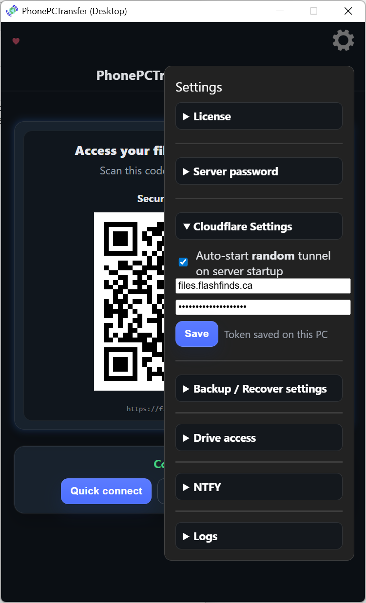 Cloudflare settings section on the desktop server