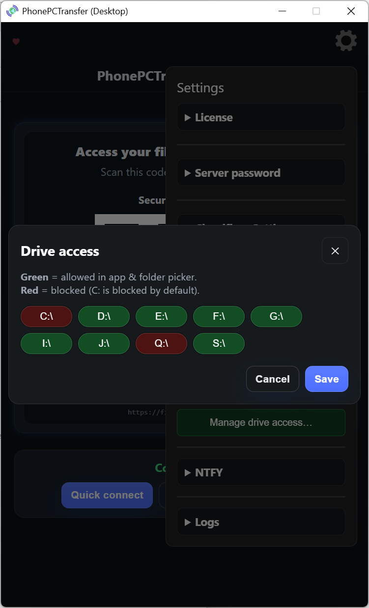 Drive access popup used to allow or block drives