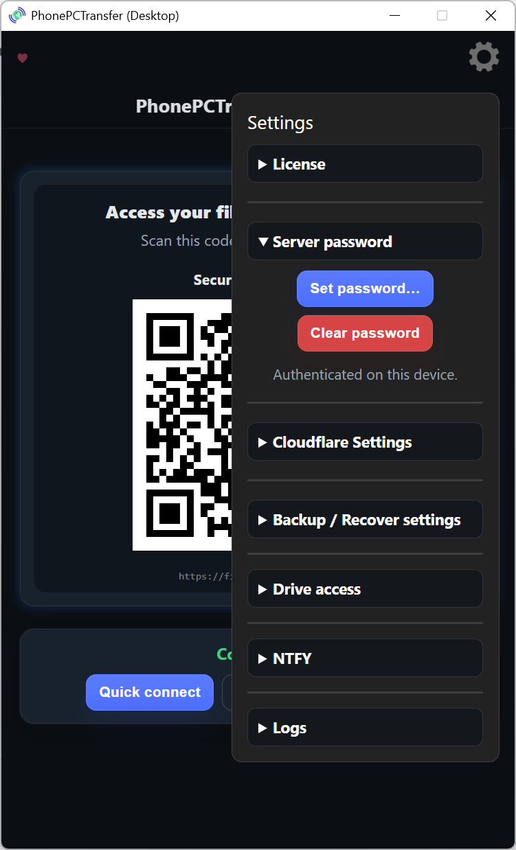 Server password settings panel